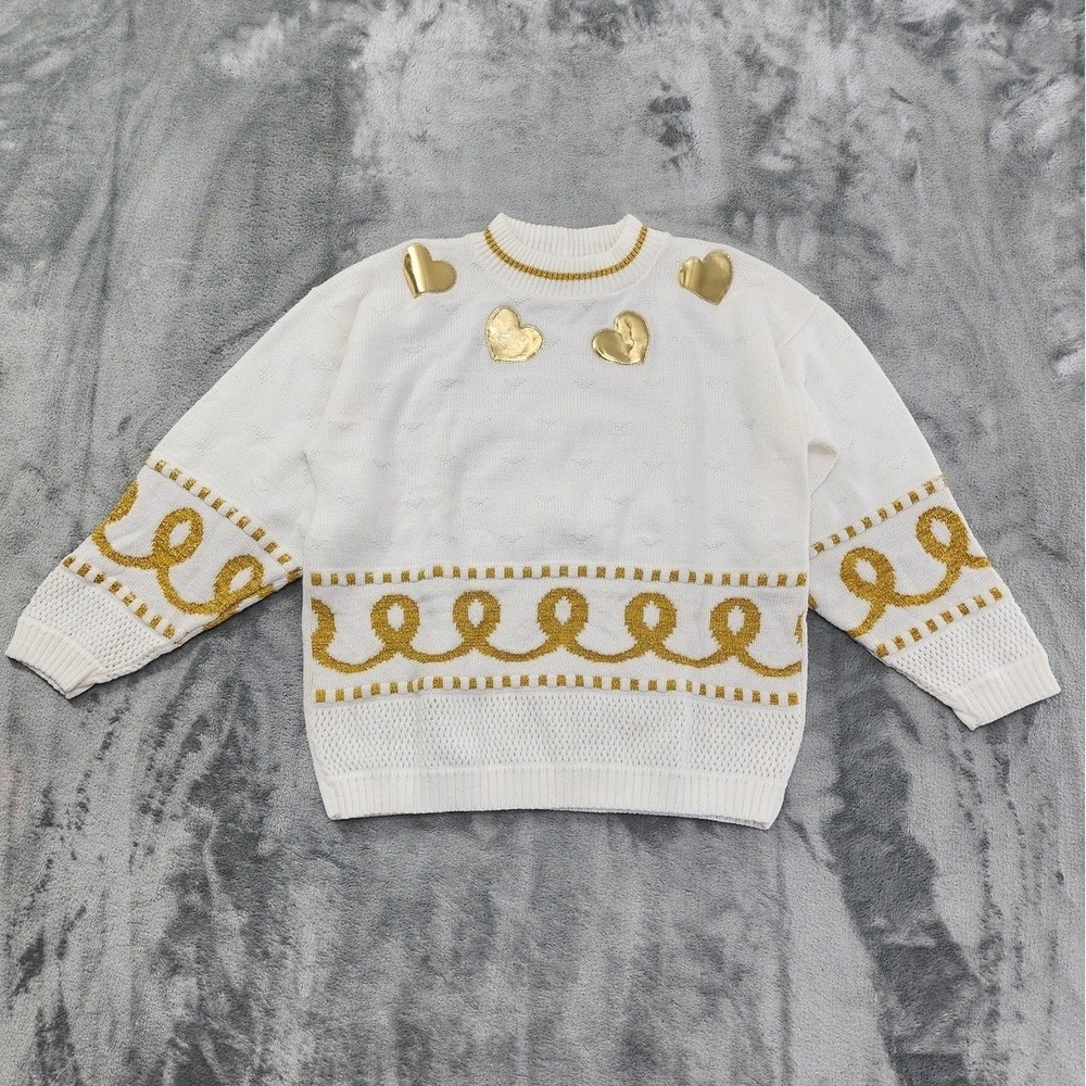 Vintage Justin Charles Sweater Womens S White Gold Metallic Hearts Mock Pullover